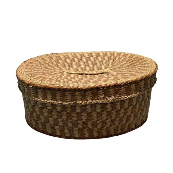 unbranded Other - Handwoven Oval Sweetgrass Basket Lid 2 Tone Pattern Red Tan